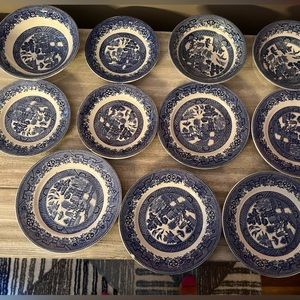 Assorted Churchhill England and Staffordshire blue and white dishes